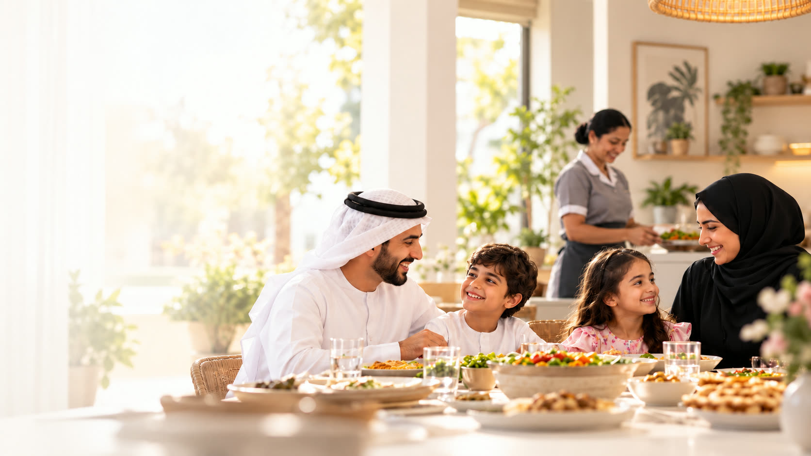 Family dining together with household staff nearby