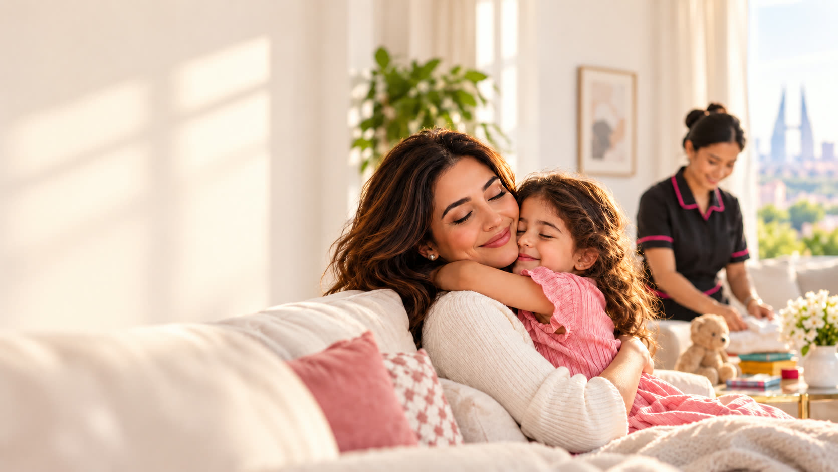 Mother embracing her daughter at home