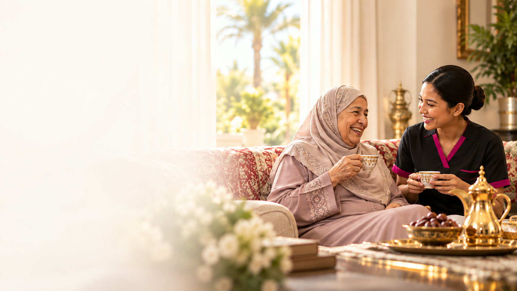 Companion sharing tea with a senior at home